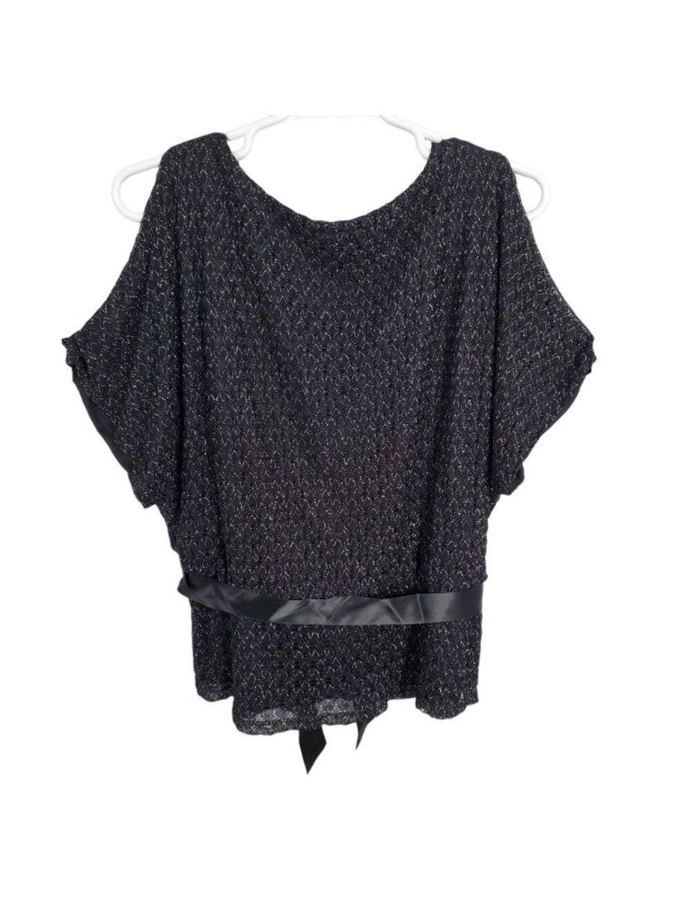 DressBarn Collection Sz 3X Top Open Knit Cold Shoulder Ribbon Tie Peplum Silver - Picture 2 of 9